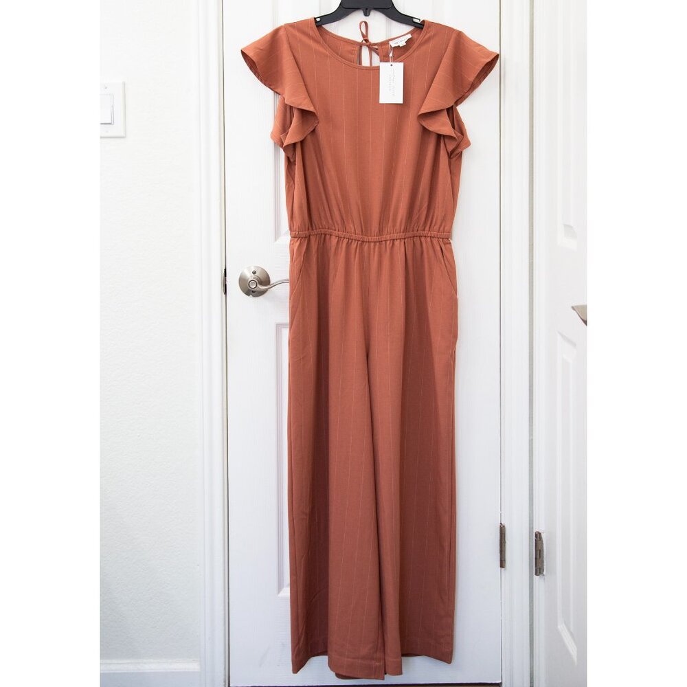 Bluivy Dusty Pink Pinstripe Wide Leg Jumpsuit With Ruffle Cap Sleeve, size L